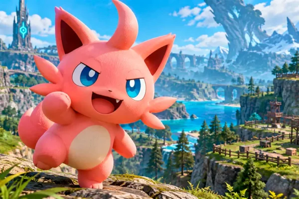 Cattiva em destaque em uma paisagem inspirada no mundo de Palworld