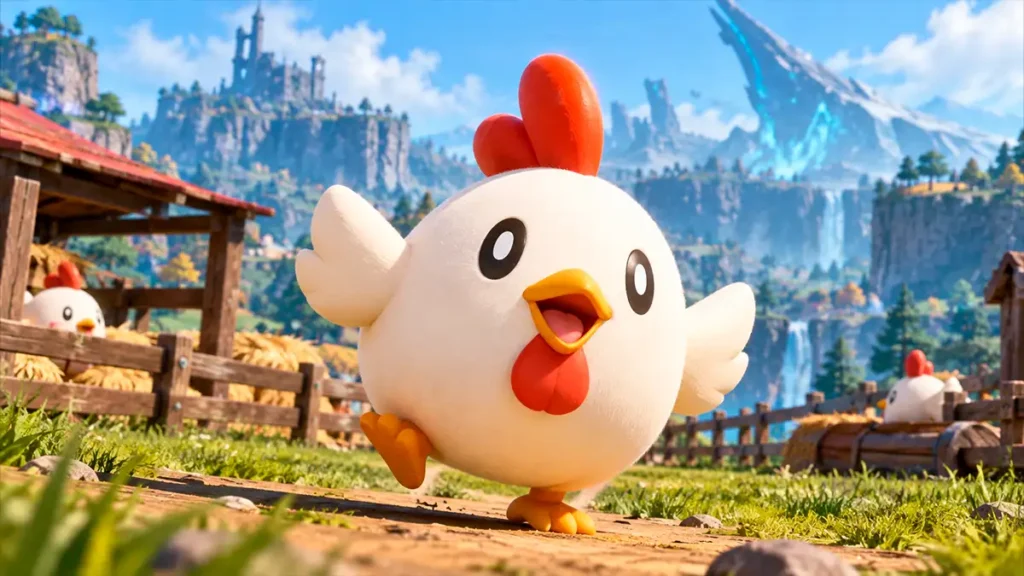 Chikipi no Palworld em uma fazenda com cenário de exploração ao fundo