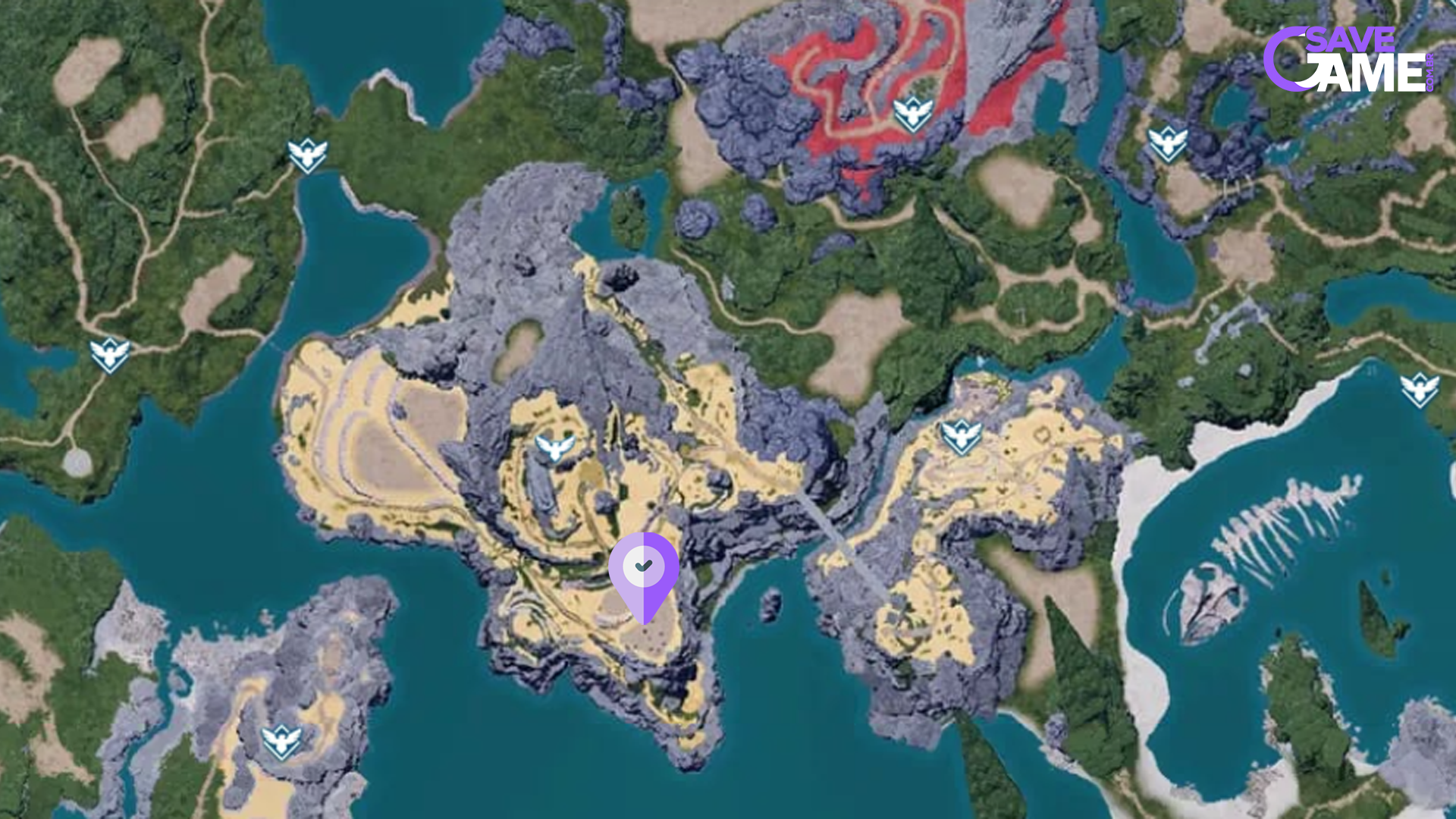 Localização da Área da Ponte com 8 pedras de metal no mapa de Palworld