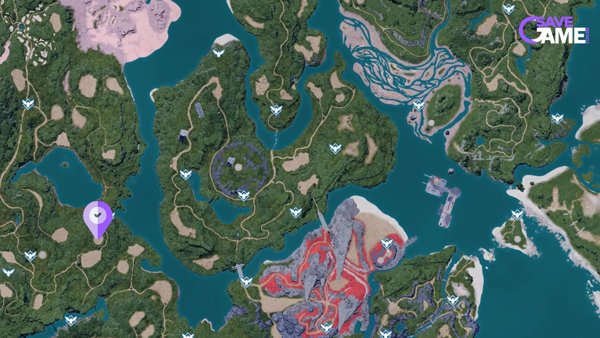 Localização da área com 4 pedras de metal e 4 de carvão no Palworld